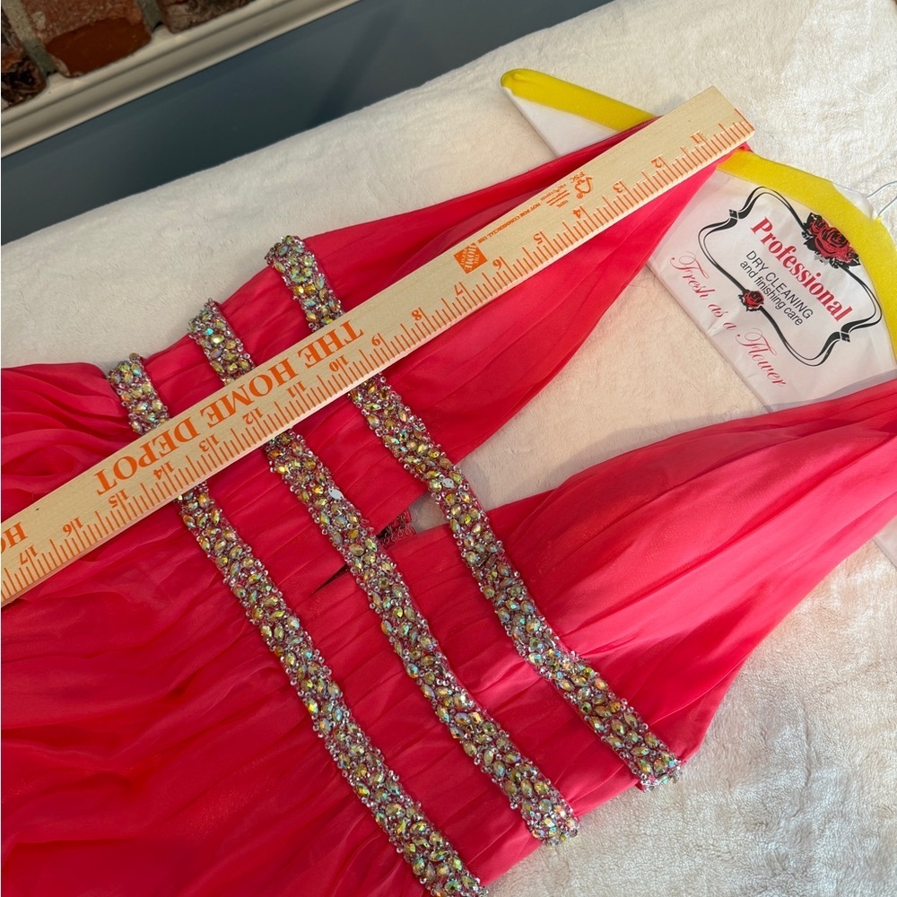 Elegant Coral Pink Backless Rhinestone Evening Gown - Picture 2 of 13